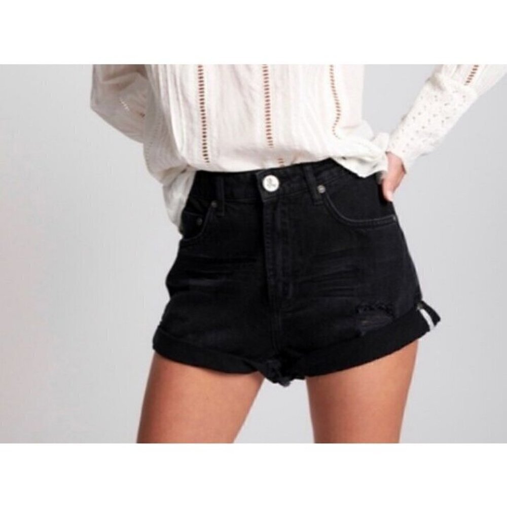 New One Teaspoon High Waist Freebirds Shorts Womens 22 Black Denim Worn Raven